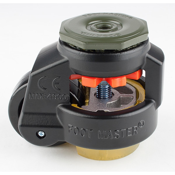 Leveling Caster, 63 mm Nylon Wheel, 1/2-13 Stem, Swivel, 550 kg Cap, PU Foot Pad, Black